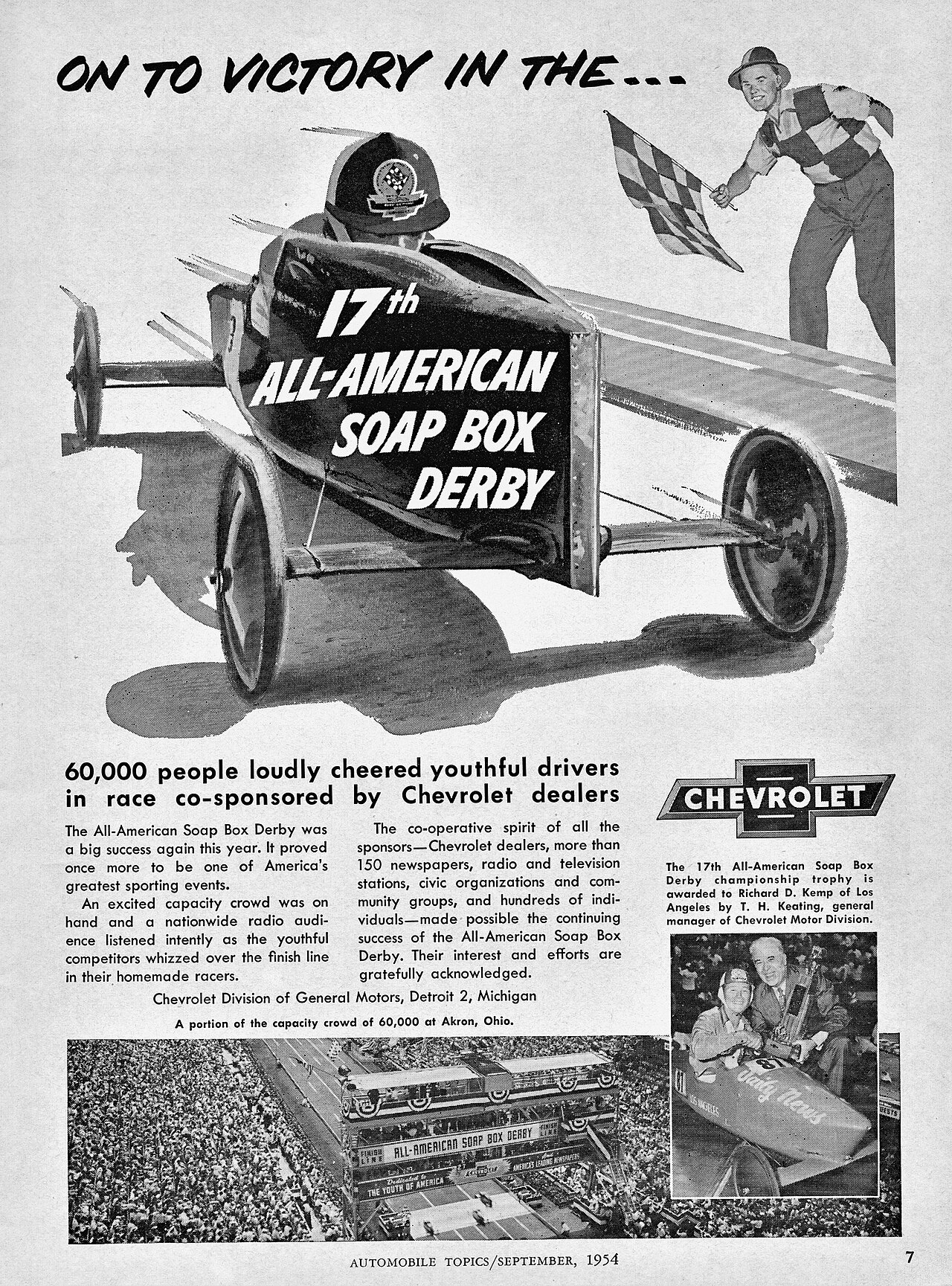 1954 Chevrolet advertisement honoring All-American Soap Box Derby champion Richard D. Kemp with a portrait and racing scenes