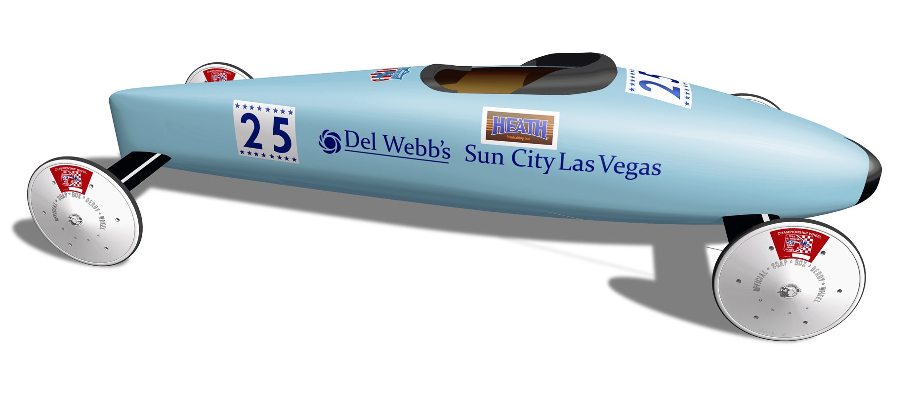 Side view of a preserved Masters division Soap Box Derby racer campaigned by Bonnie Thornton in 1992, displayed against a plain backdrop