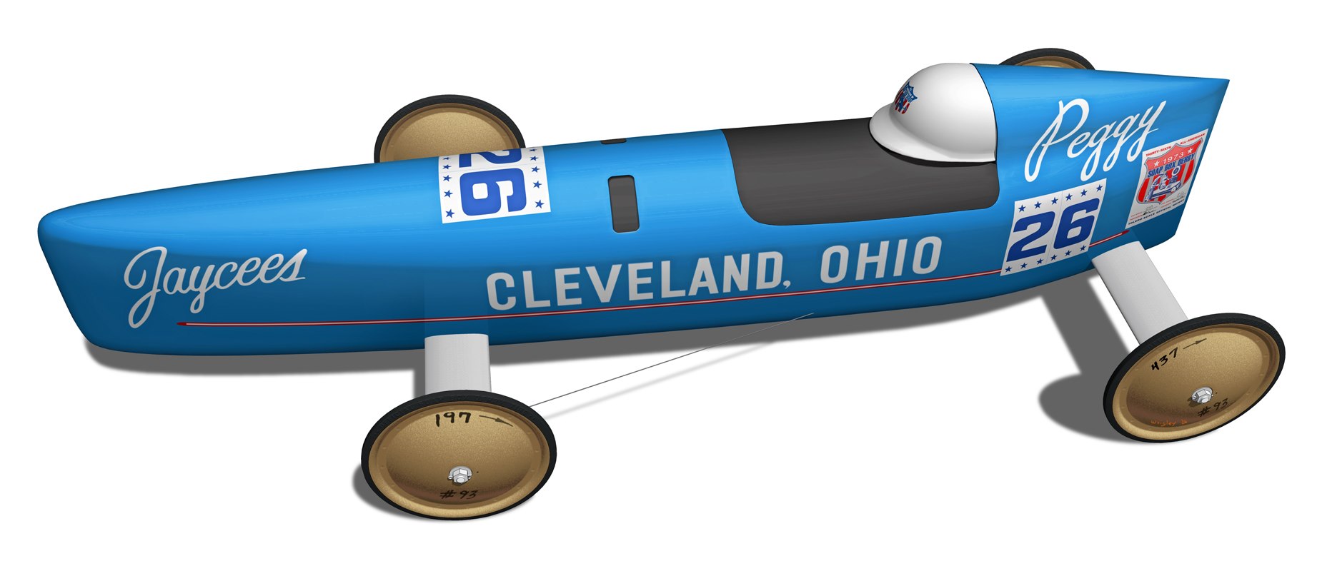 Profile view of a preserved 1973 Soap Box Derby racer driven by Cleveland champion Margaret Zoller, shown against a plain studio backdrop